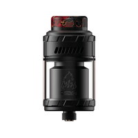 Black Blaze Solo RTA vape tank with flame logo and colourful drip tip.