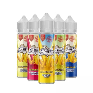 Five bottles of The Custard Company longfill e-liquid with colourful labels on a white background.