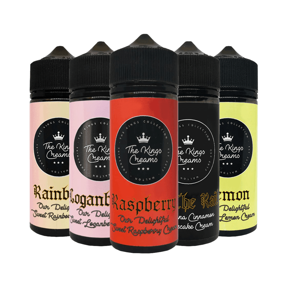 The King’s Creams 100ml Shortfill e-liquid in rainbow cream, loganberry cream, raspberry cream, off the rails cream, and lemon cream flavours. 