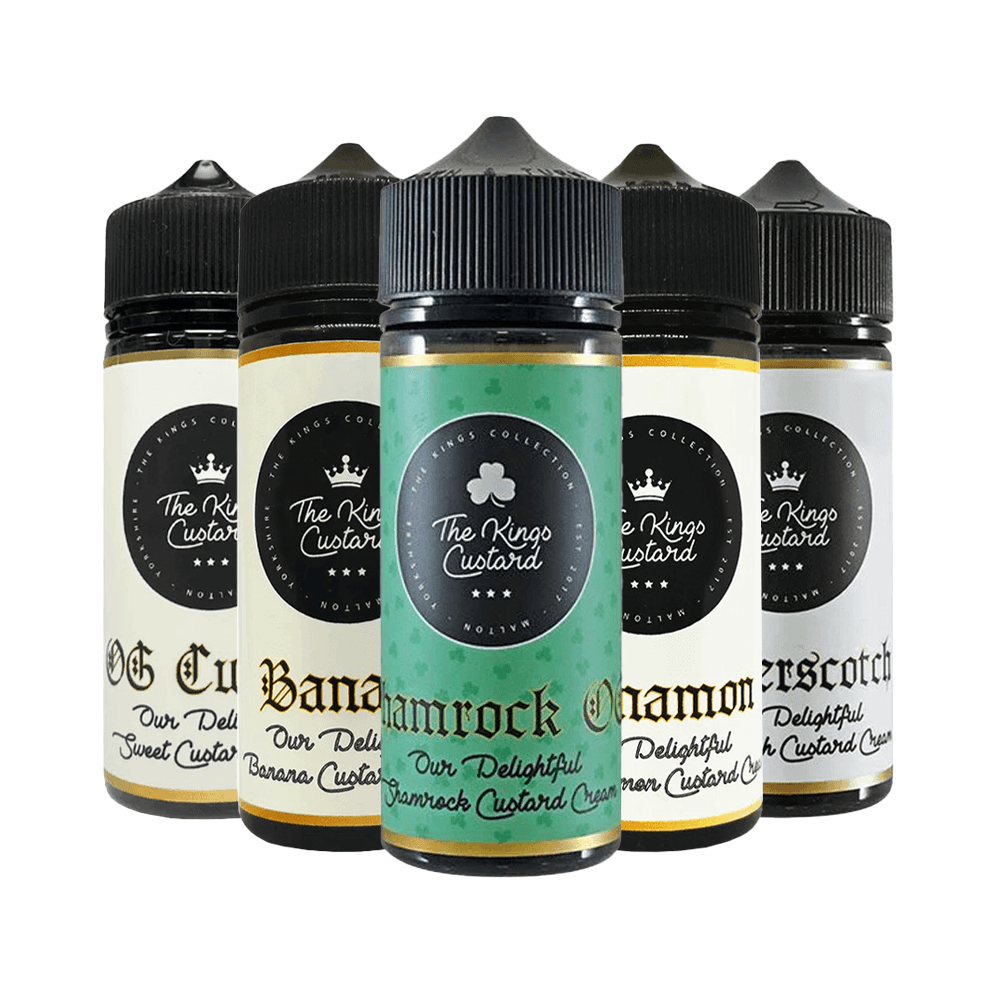 Five bottles of The King's Custard e-liquid, featuring various flavours and labels.