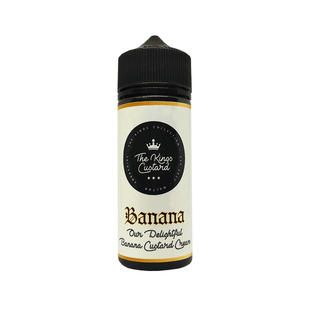 The King's Custard Banana 100ml shortfill bottle with a black cap and white label.