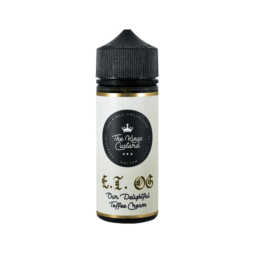 The King's Custard e-liquid bottle, labelled "E.T.O.G Our Delightful Toffee Cream," 100ml shortfill.