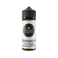 The King's Custard Butterscotch 100ml shortfill bottle with black cap and white label.