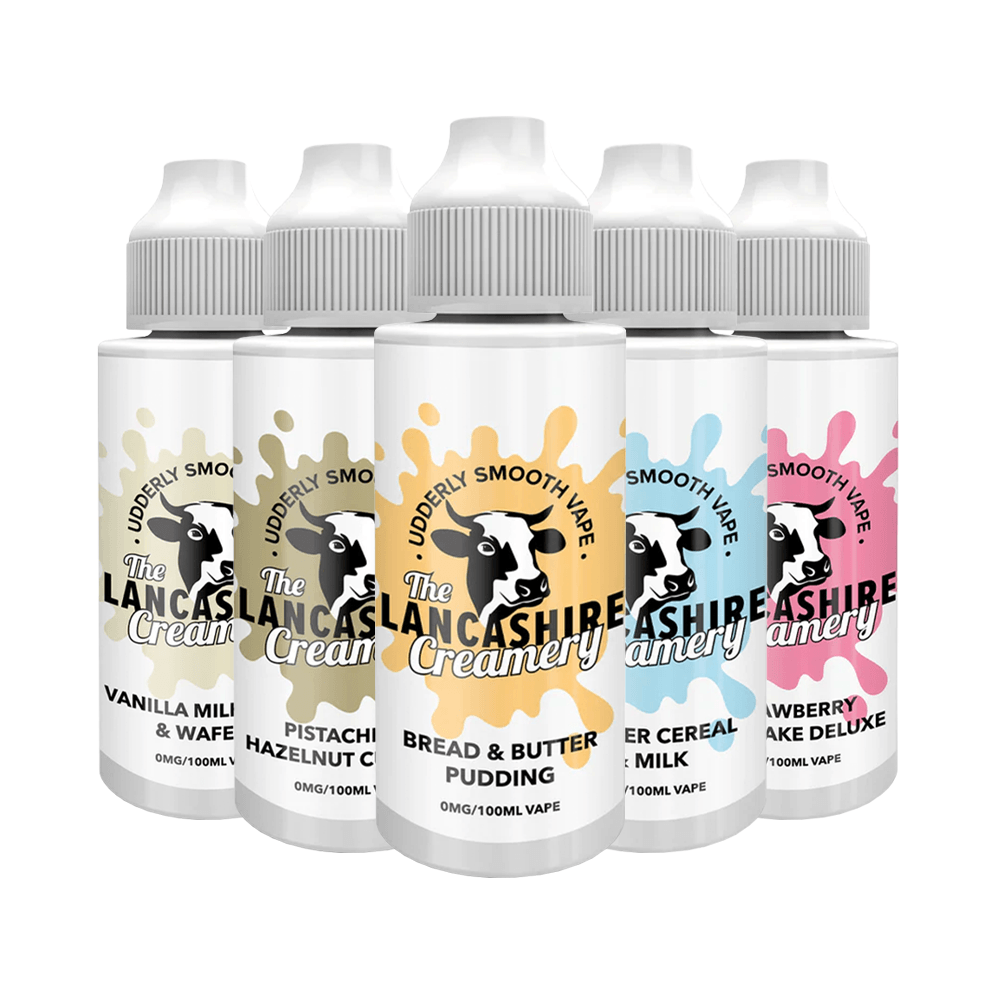 The Lancashire Creamery vape juices: Vanilla, Pistachio, Bread & Butter, Cereal Milk, Strawberry.