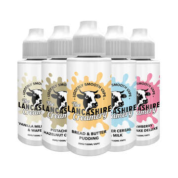 The Lancashire Creamery vape juices: Vanilla, Pistachio, Bread & Butter, Cereal Milk, Strawberry.