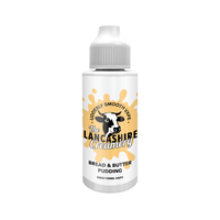 The Lancashire Creamery vape juice bottle with bread and butter pudding flavour.