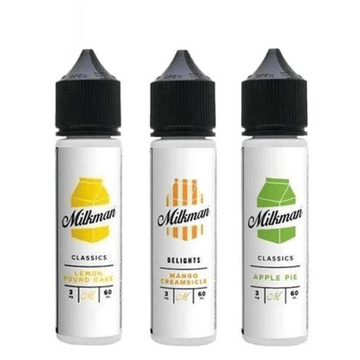 Three Milkman vape bottles: Lemon Pound Cake, Mango Creamsicle, and Apple Pie flavours.