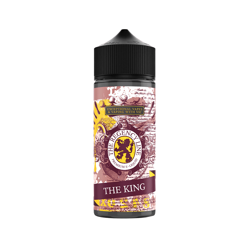 The Regency Line "The King" vape juice, 100ml shortfill bottle with a regal label design.