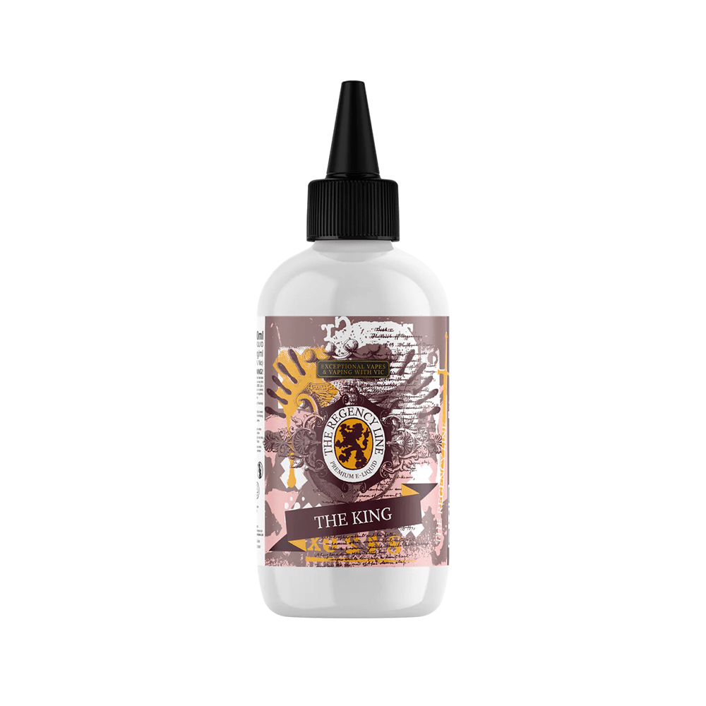 The Regency Line "The King" vape juice bottle, 200ml shortfill, with a regal-themed label.