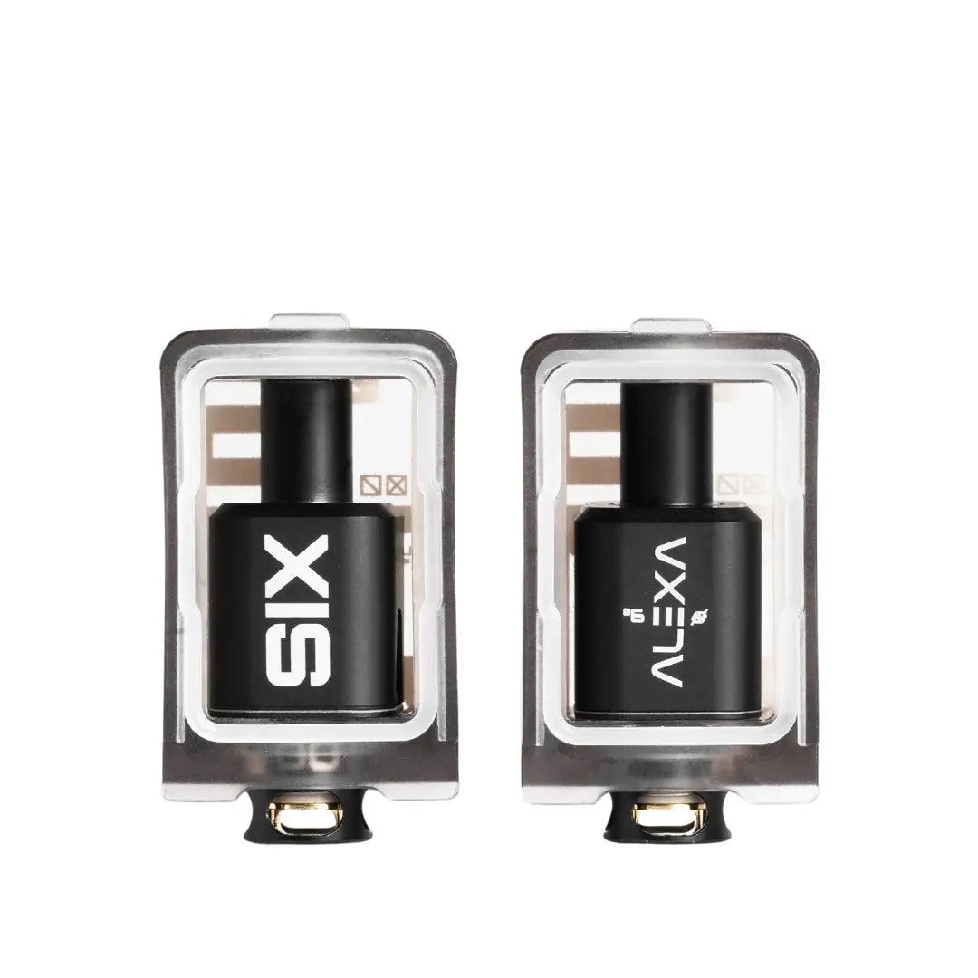 Two Alexa Tank "The Six RBA" vape components, black with branding, in metal frames.