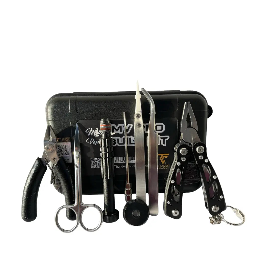 vape coil building kit featuring pliers, scissors, tweezers, a screwdriver, and other essential tools, displayed in front of a durable black carrying case