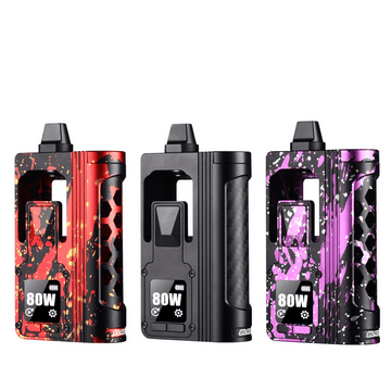 Three Thunderhead Creations Blaze AIO DNA80C Boro Mods in red, black, and purple splatter designs.