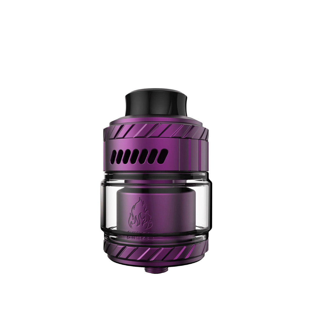 Purple Thunderhead Creations Blaze Max RTA vaping tank with flame logo.