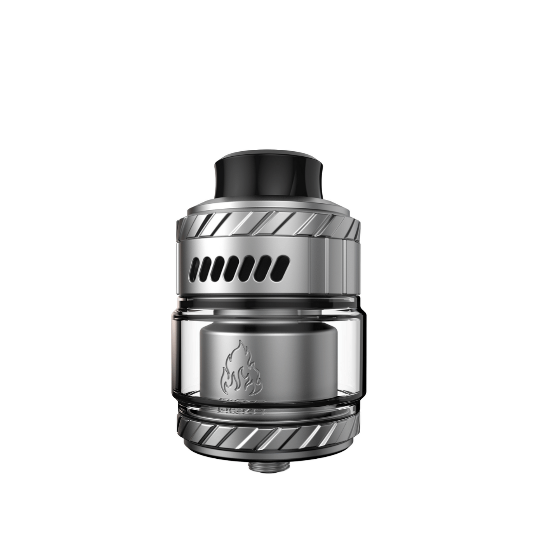 Silver Thunderhead Creations Blaze Max RTA with engraved flame logo, sleek and modern design.