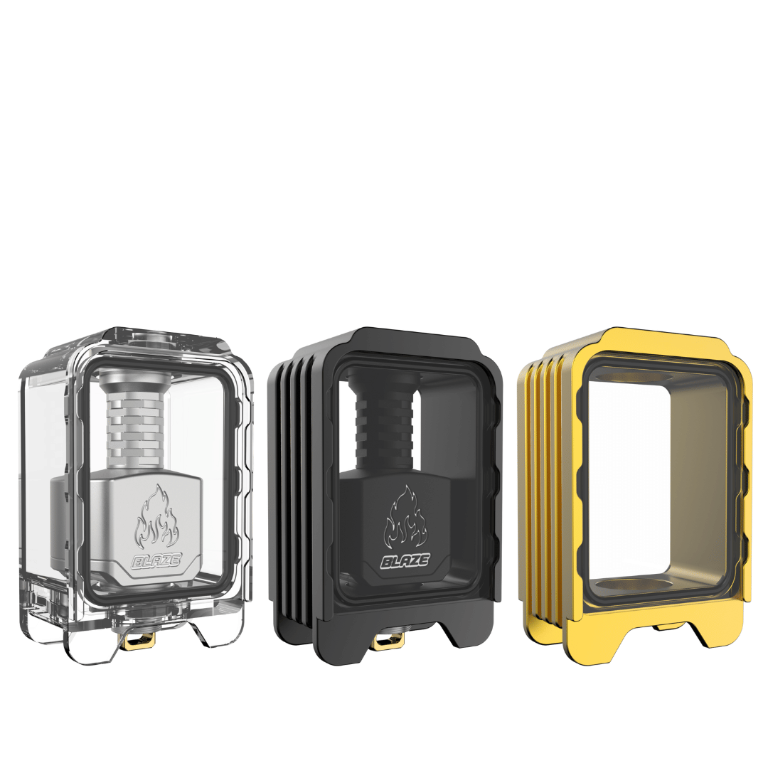 Three Thunderhead Creations Blaze RBA sliding Boro tanks in silver, black, and gold.