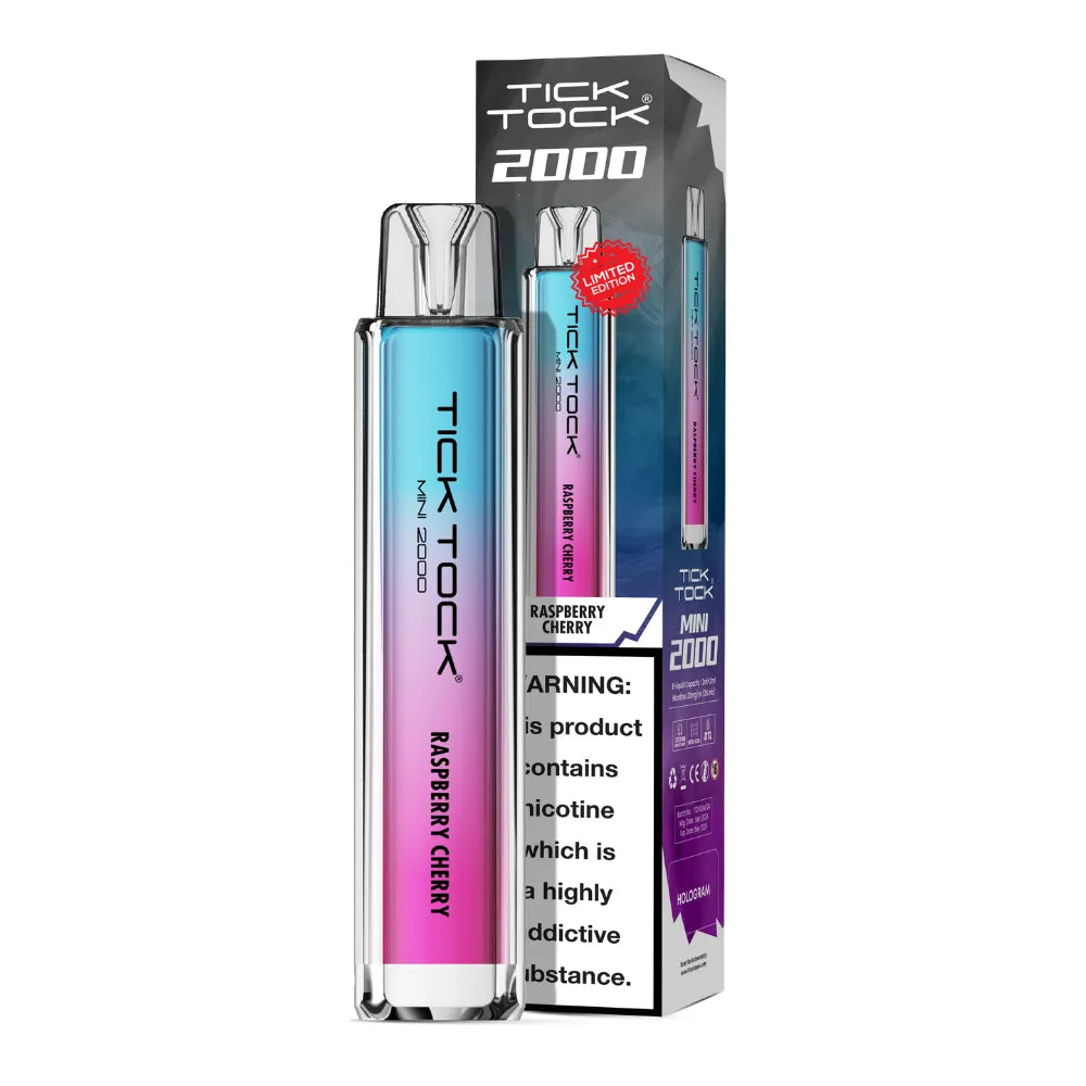 Tick Tock Mini 2000 Big Puff disposable vape in Raspberry Cherry flavour