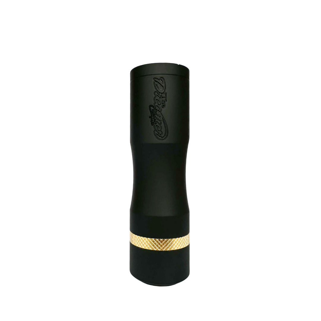 Black and gold Times Vape Dreamer Clutch Mech Mod standing upright.