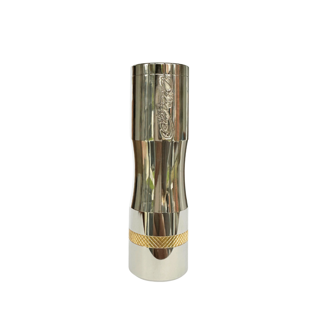 Times Vape Dreamer Clutch Mech Mod in stainless steel with gold accents.