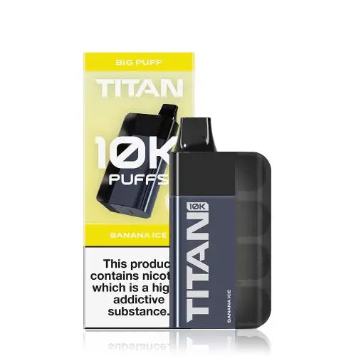 Image of the Titan 10K Disposable Vape Kit in Banana Ice flavour, featuring a sleek black device and packaging with '10K Puffs' prominently displayed.