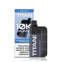 Image of the Titan 10K Disposable Vape Kit in Blueberry Cherry Cranberry flavour, featuring a sleek black device and packaging with '10K Puffs' prominently displayed.