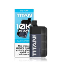 Image of the Titan 10K Disposable Vape Kit in Blue Raspberry flavour, featuring a sleek black device and packaging with '10K Puffs' prominently displayed.