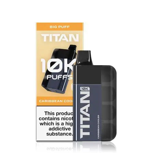 Image of the Titan 10K Disposable Vape Kit in Caribbean Cooler  flavour, featuring a sleek black device and packaging with '10K Puffs' prominently displayed.