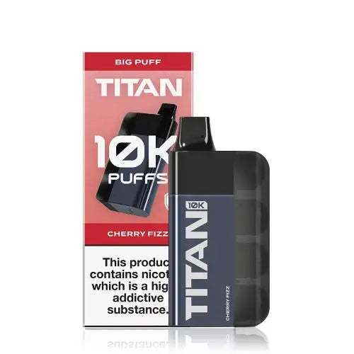 Image of the Titan 10K Disposable Vape Kit in Cherry Fizz flavour, featuring a sleek black device and packaging with '10K Puffs' prominently displayed.