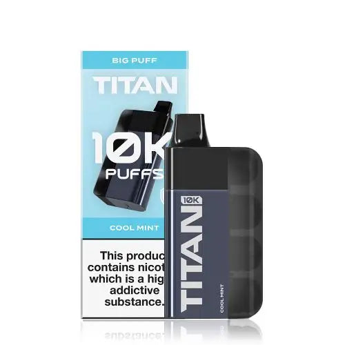 Image of the Titan 10K Disposable Vape Kit in Cool Mint flavour, featuring a sleek black device and packaging with '10K Puffs' prominently displayed.