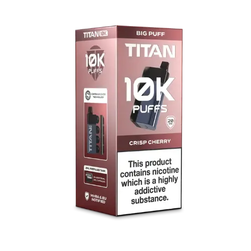 Image of the Titan 10K Disposable Vape Kit in Crisp Cherry flavour, featuring a sleek black device and packaging with '10K Puffs' prominently displayed.