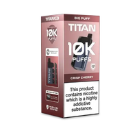 Image of the Titan 10K Disposable Vape Kit in Crisp Cherry flavour, featuring a sleek black device and packaging with '10K Puffs' prominently displayed.