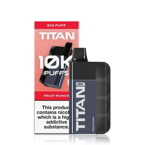 Image of the Titan 10K Disposable Vape Kit in Fruit Punch flavour, featuring a sleek black device and packaging with '10K Puffs' prominently displayed.