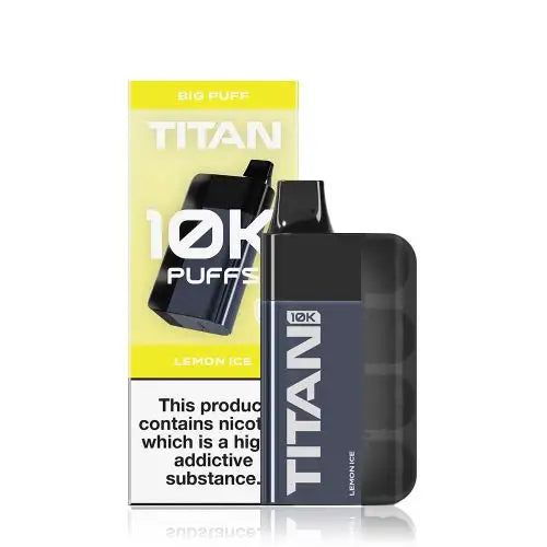 Image of the Titan 10K Disposable Vape Kit in Lemon Ice flavour, featuring a sleek black device and packaging with '10K Puffs' prominently displayed.