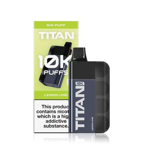 Image of the Titan 10K Disposable Vape Kit in Lemon Lime flavour, featuring a sleek black device and packaging with '10K Puffs' prominently displayed.