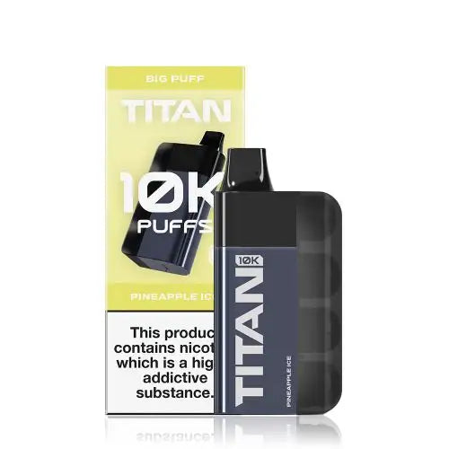 Image of the Titan 10K Disposable Vape Kit in Pineapple Ice flavour, featuring a sleek black device and packaging with '10K Puffs' prominently displayed.