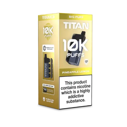 Image of the Titan 10K Disposable Vape Kit in Pineapple Lemon flavour, featuring a sleek black device and packaging with '10K Puffs' prominently displayed.