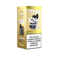 Image of the Titan 10K Disposable Vape Kit in Pineapple Lemon flavour, featuring a sleek black device and packaging with '10K Puffs' prominently displayed.