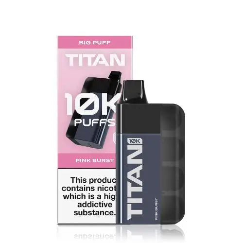 Image of the Titan 10K Disposable Vape Kit in Pink Burst flavour, featuring a sleek black device and packaging with '10K Puffs' prominently displayed.