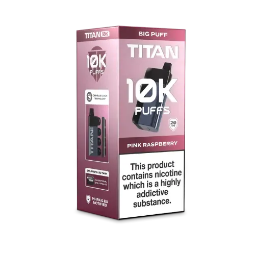 Image of the Titan 10K Disposable Vape Kit in Pink Raspberry flavour, featuring a sleek black device and packaging with '10K Puffs' prominently displayed.