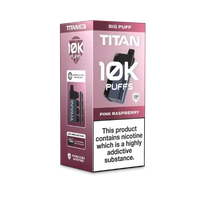 Image of the Titan 10K Disposable Vape Kit in Pink Raspberry flavour, featuring a sleek black device and packaging with '10K Puffs' prominently displayed.