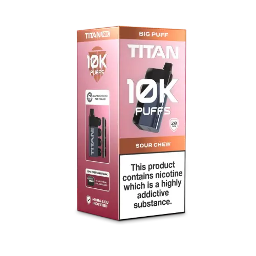 Image of the Titan 10K Disposable Vape Kit in Sour Chew flavour, featuring a sleek black device and packaging with '10K Puffs' prominently displayed.