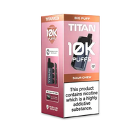 Image of the Titan 10K Disposable Vape Kit in Sour Chew flavour, featuring a sleek black device and packaging with '10K Puffs' prominently displayed.