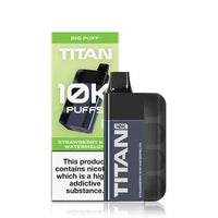 Image of the Titan 10K Disposable Vape Kit in Strawberry Kiwi Watermelon flavour, featuring a sleek black device and packaging with '10K Puffs' prominently displayed.