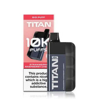 Image of the Titan 10K Disposable Vape Kit in Strawberry Raspberry Cherry flavour, featuring a sleek black device and packaging with '10K Puffs' prominently displayed.