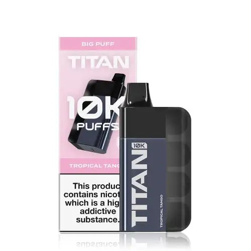 Image of the Titan 10K Disposable Vape Kit in Tropical Tango flavour, featuring a sleek black device and packaging with '10K Puffs' prominently displayed.