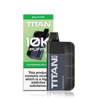 Image of the Titan 10K Disposable Vape Kit in Watermelon Ice flavour, featuring a sleek black device and packaging with '10K Puffs' prominently displayed.