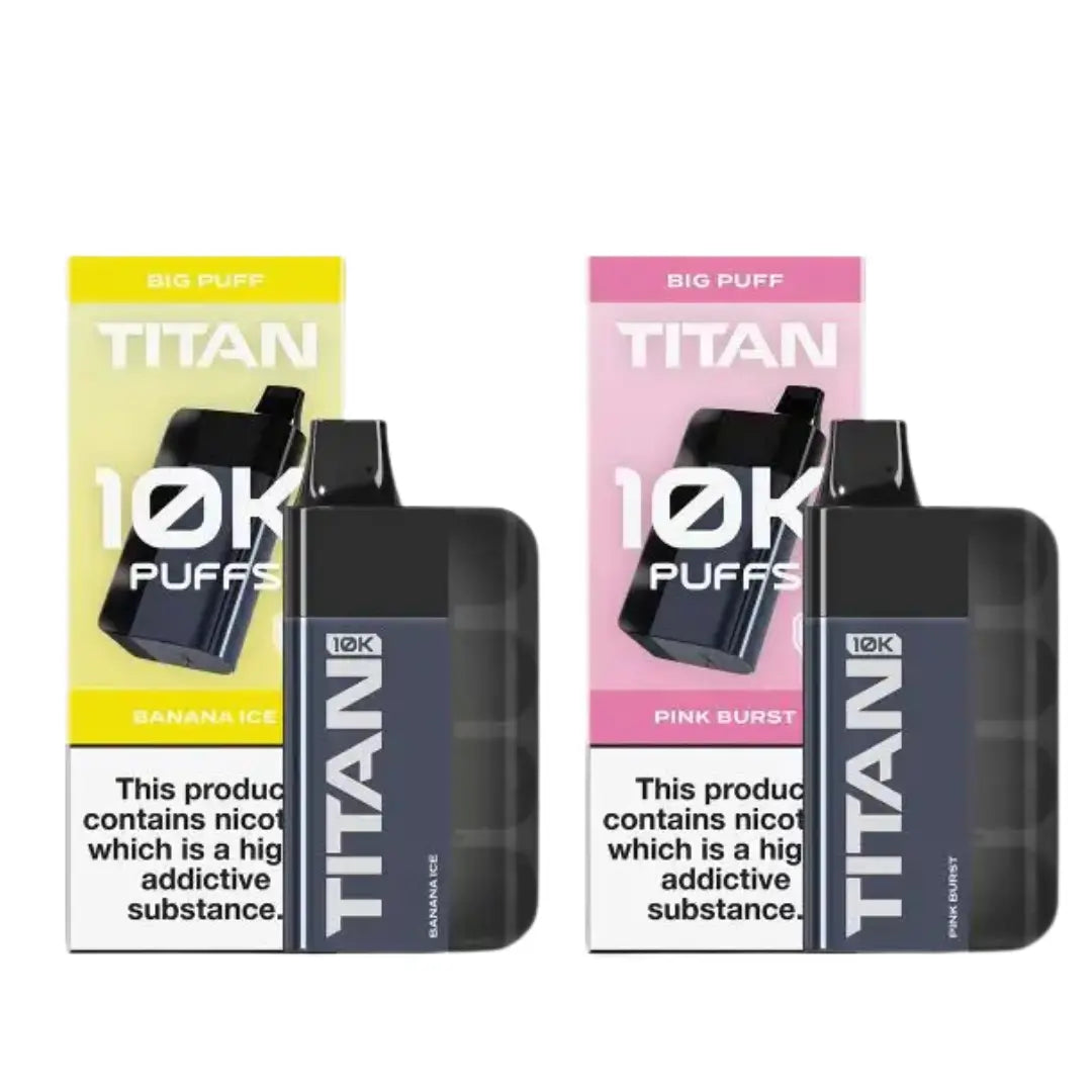 Image of the Titan 10K Disposable Vape Kit in two flavours: Banana Ice and Pink Burst, showcasing the compact, sleek design and packaging with a bold '10K Puffs' label.