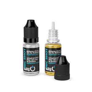 Two Nic Shot bottles, one open, with black caps and labels, by eCig One Vape Shop UK.
