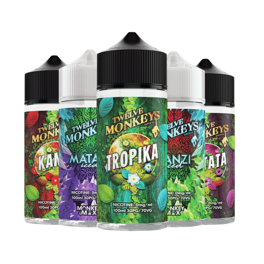 Four Twelve Monkeys 100ml shortfill e-liquid bottles in vibrant, tropical-themed designs.