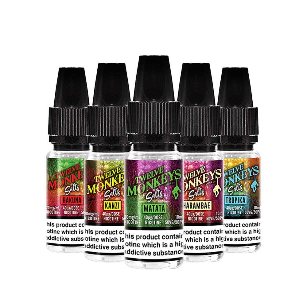 Five Twelve Monkeys Salts e-liquid bottles, featuring Hakuna, Kanzi, Matata, Harambae, and Tropika.