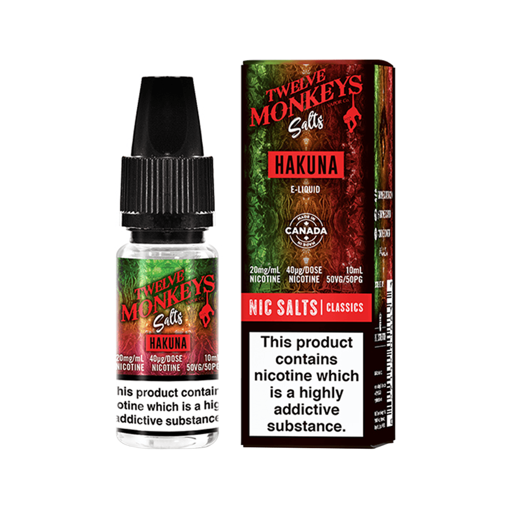 Twelve Monkeys Hakuna Nic Salts e-liquid bottle and box, 10ml, 20mg nicotine.